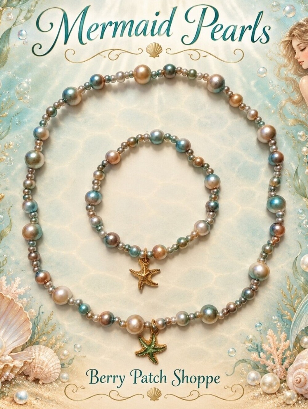 Mermaid Pearls Starfish Beach Necklace Bracelet Jewelry Accessory Set